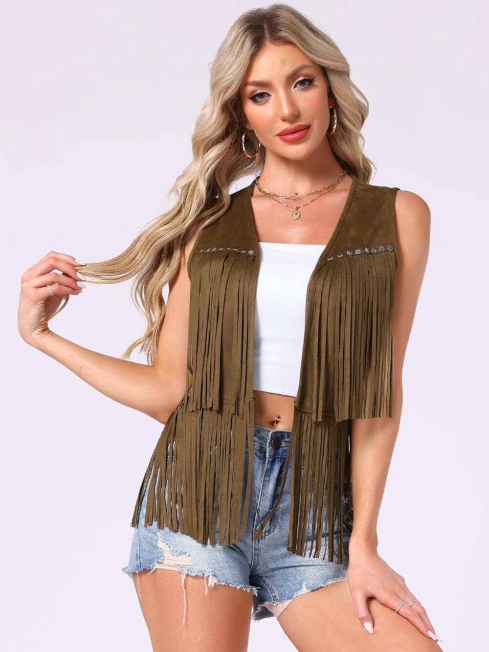 Women's Brown Faux Suede Fringe Top Vest Open Front Western Tassel Cardigan - Picture 2 of 5